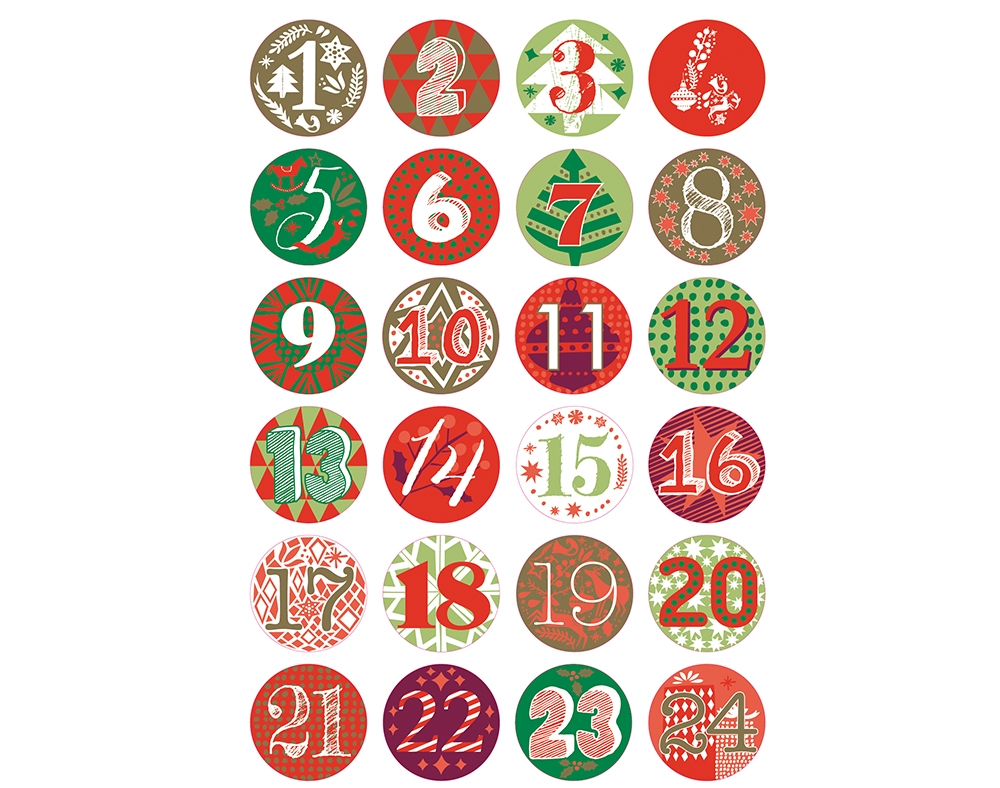 Adventskalender knappar, 24 st pins, -  Grön/Röd, Rico Design,