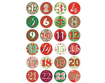 Adventskalender knappar, 24 st pins, -  Grön/Röd, Rico Design,