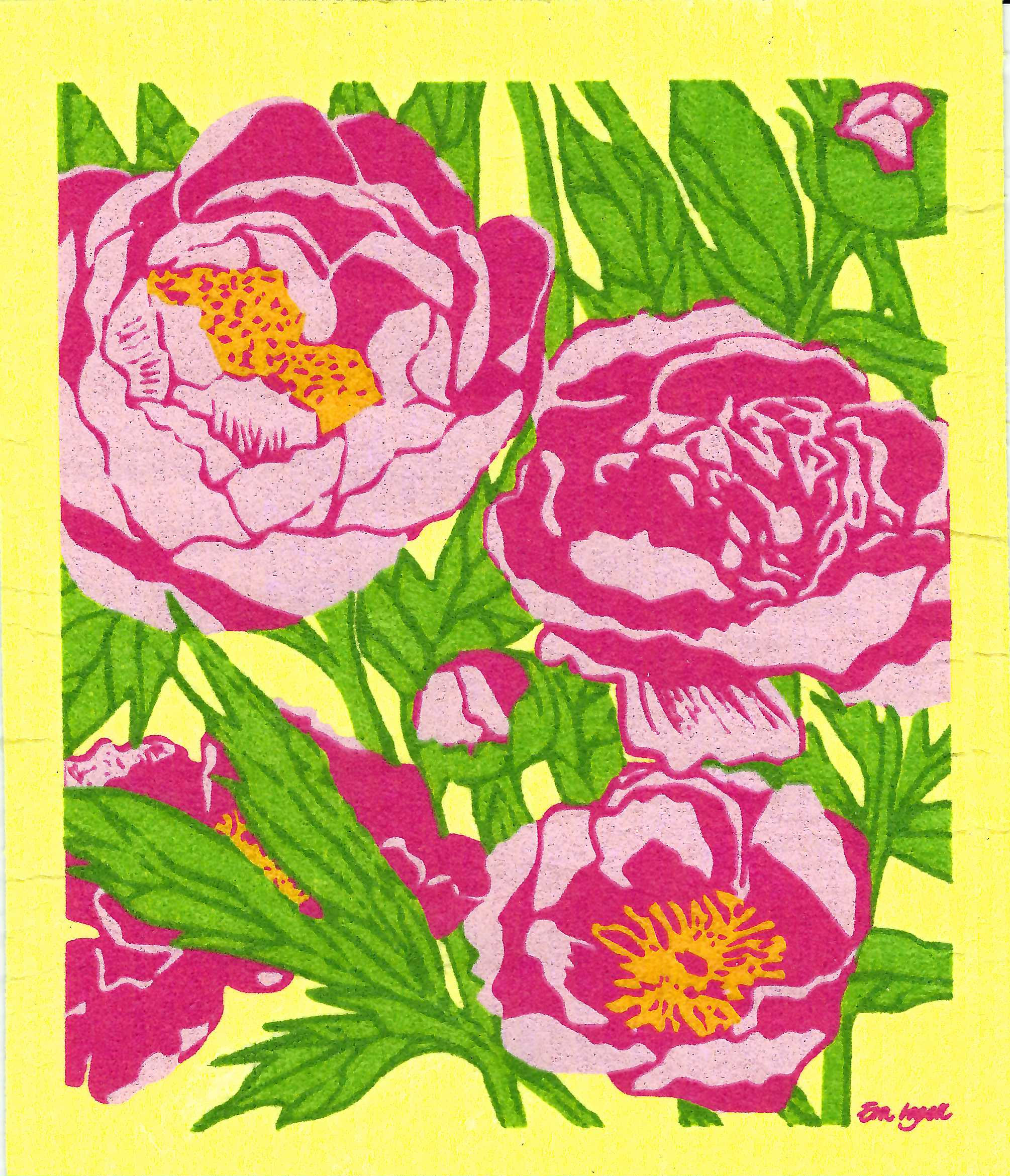 Disktrasa Pion Gul med rosa blommor