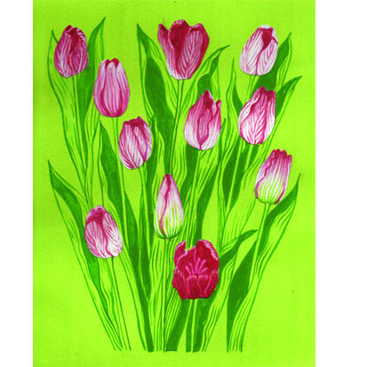 Disktrasa Tulpaner Lime med rosa blommor