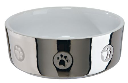 Hundskål keramik, silver/vit