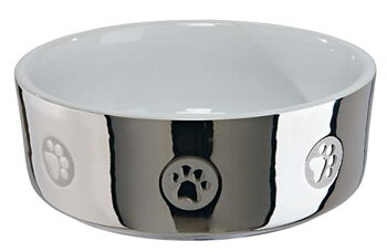 Hundskål keramik, silver/vit