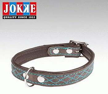 Läderhalsband med brodyr 30-35cm, Grå/Turkos