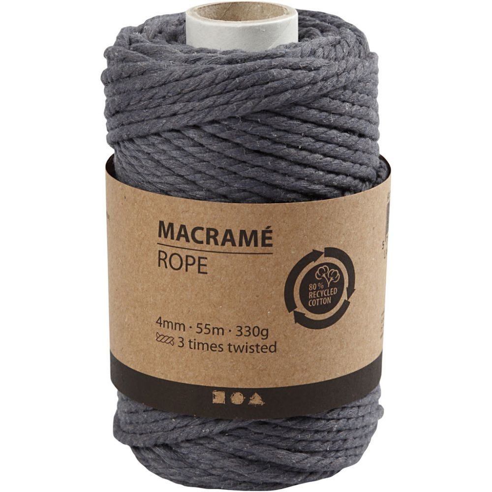 Makramégarn, L: 55 m, Dia. 4 mm, grå