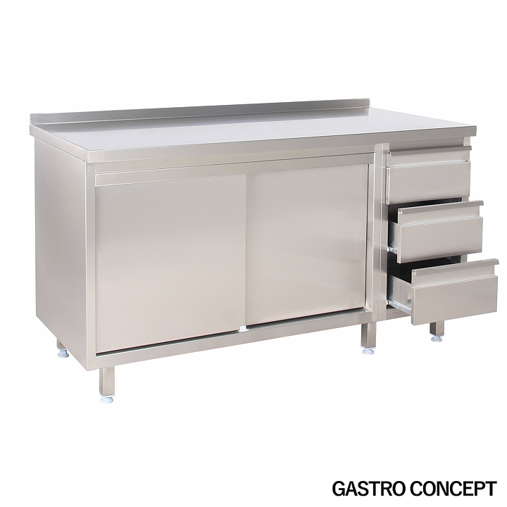 Köksbänk, lådor till höger, djup 700mm, rostfritt, bakkant