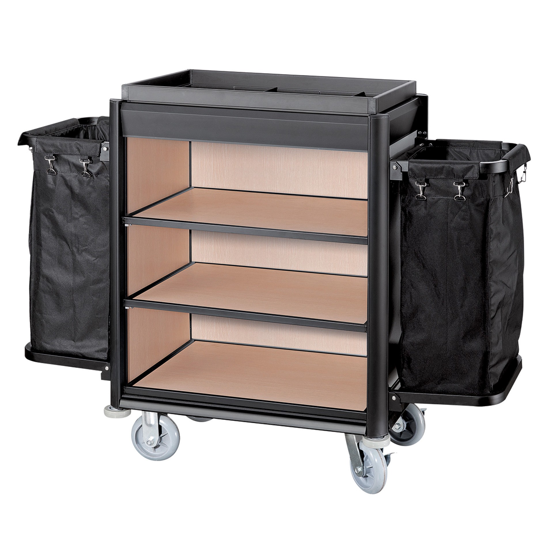 Hotellvagn, Svart Alu/Ljus Träpanel - 2 tvättsäckar - 2