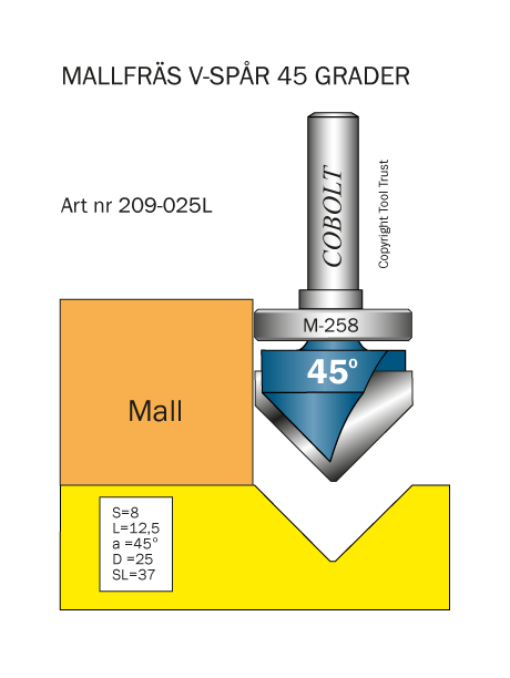 Mallfräs V-spår 45° L=12.5 D=25 S=8