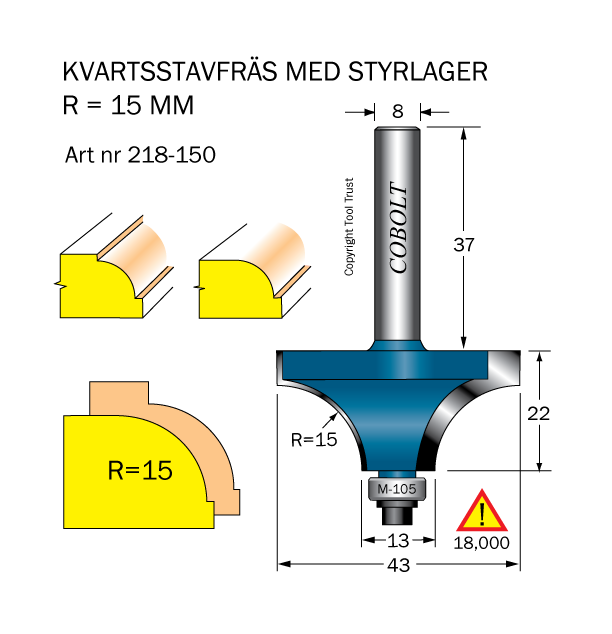 Kvartsstavfräs R=15 D=43 L=22 S=8
