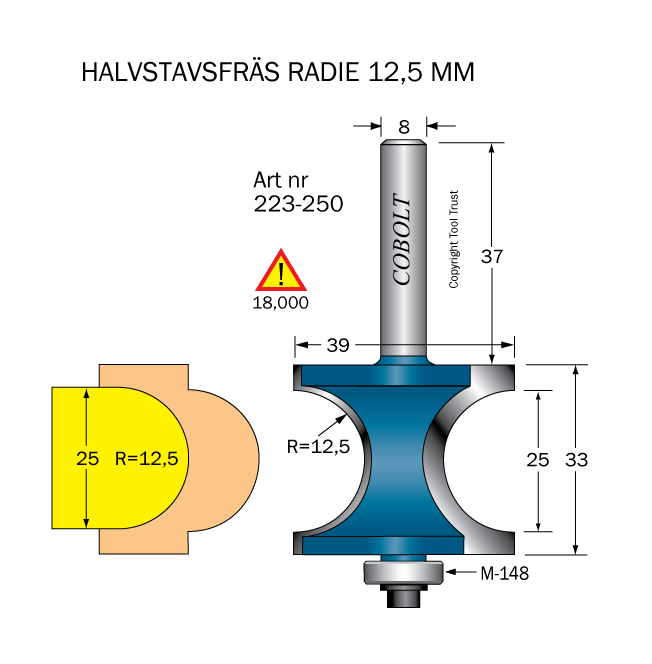 Halvstavfräs R=12.5 L1=25 L2=33 S=8