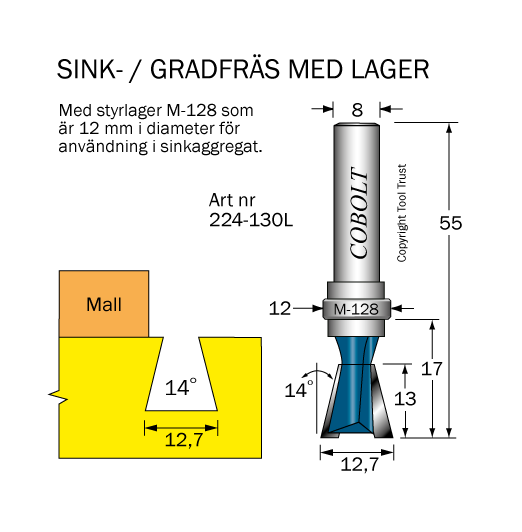 Sinkfräs 14° med styrlager M-128