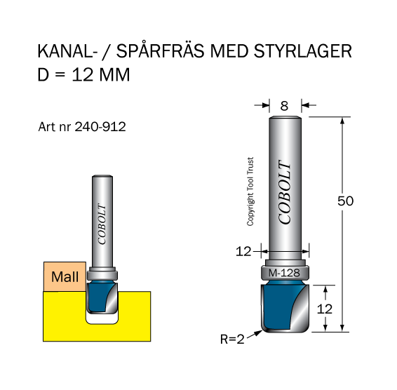 Kanalfräs m lager R=2 D=12 L=6 S=8