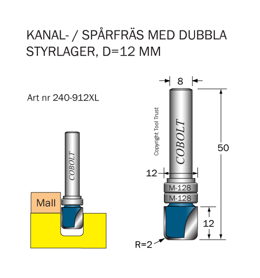 Kanalfräs m två lager R=2 D=12 L=6 S=8