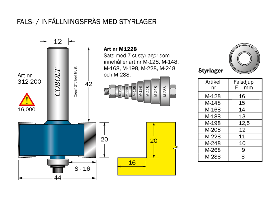Falsfräs L=20 F=8-16 D=44 S=12