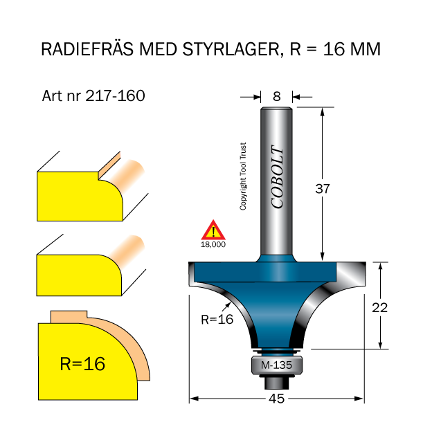 Avrundningsfräs R=16 D=45 L=22 S=8 - 3