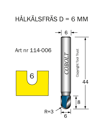 Hålkälsfräs R=3 D=6 L=8 TL=44 S=6