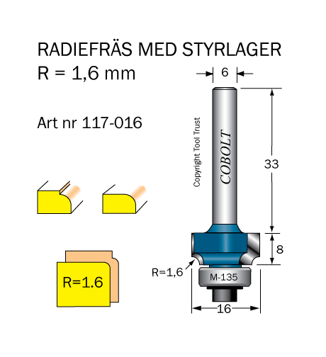Avrundningsfräs R=1.6 D=16 L=8 S=6 - 2