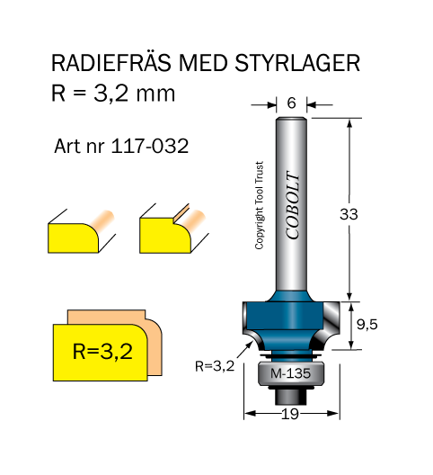 Avrundningsfräs R=3.2 D=19 L=9.5 S=6 - 2