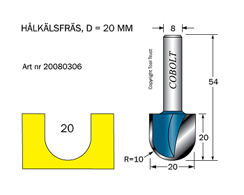 Hålkälsfräs R=10 D=20 L=20 TL=54 S=8