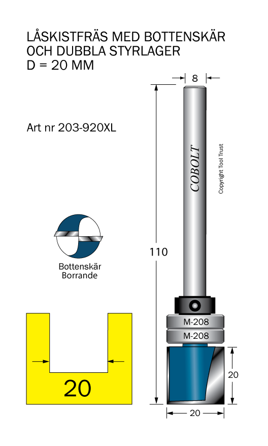 Låskistfräs D=20 L=20 TL=110 S=8 - 2