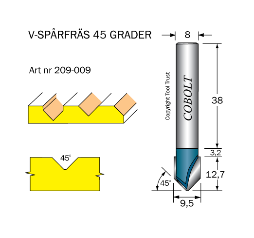 V-spårfräs 45° D=9.5 L=5 S=8 - 2