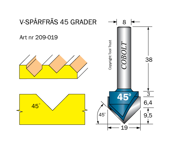 V-spårfräs 45° D=19 L=9.5 S=8 - 2