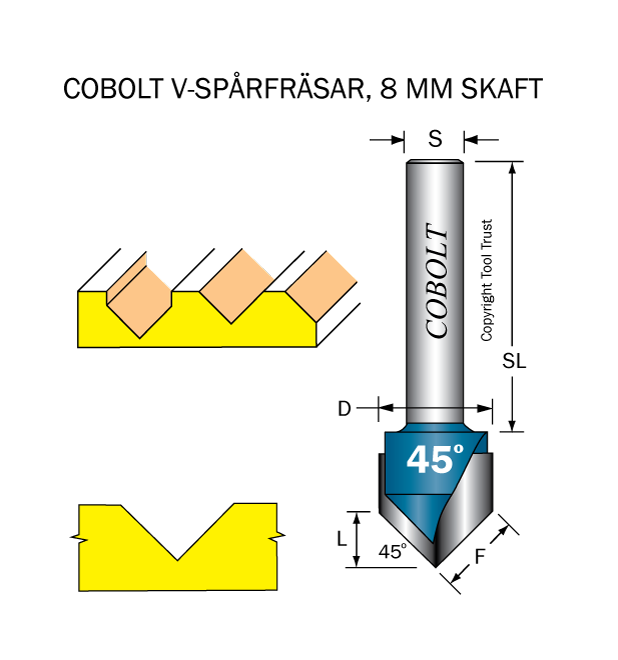 V-spårfräs 45° D=19 L=9.5 S=8