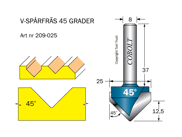 V-spårfräs 45° L=12.5 D=25 S=8 - 2