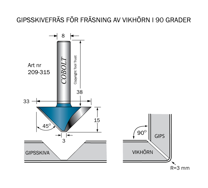 Gipsskivefräs 45° L=15 D=33 S=8