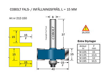 Falsfräs L=15 F=15 D=40 S=8 SL=37