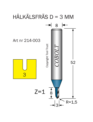 Hålkälsfräs R=1.6 D=3.2 L=8 TL=52 Z=1 S=8 - 2