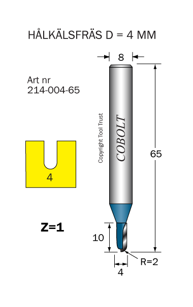 Hålkälsfräs R=2 D=4 L=10 TL=65 S=8 - 2