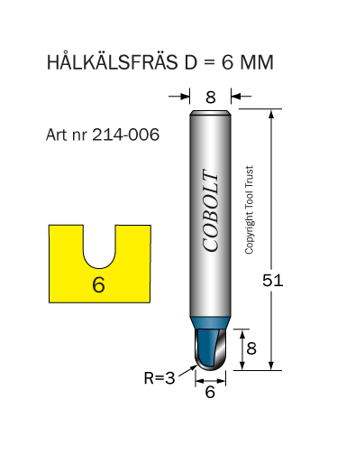 Hålkälsfräs R=3 D=6 L=8 TL=51 S=8 - 2