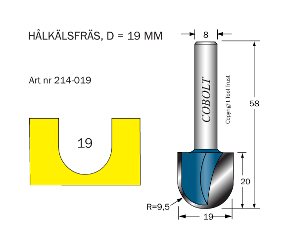 Hålkälsfräs R=9.5 D=19 L=20 TL=58 S=8 - 2