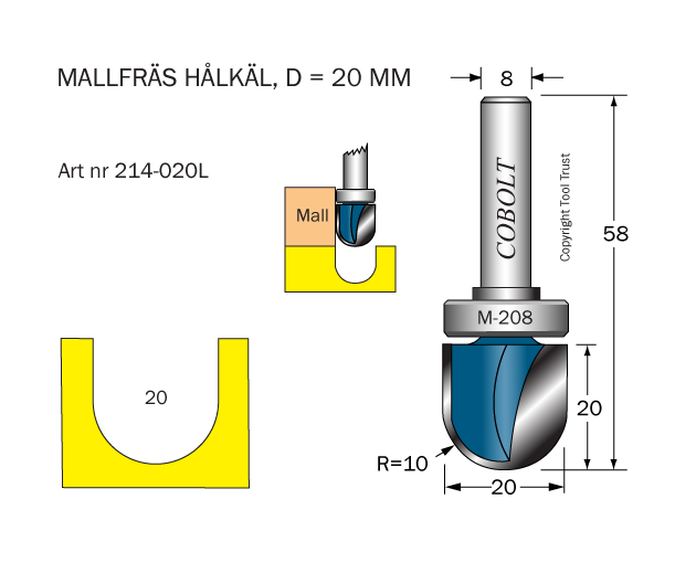 Mallfräs hålkäl R=10 D=20 L=20 TL=58 S=8 - 2