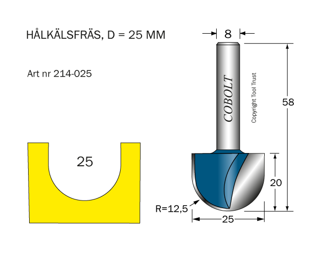 Hålkälsfräs R=12.5 D=25 L=20 TL=58 S=8 - 2