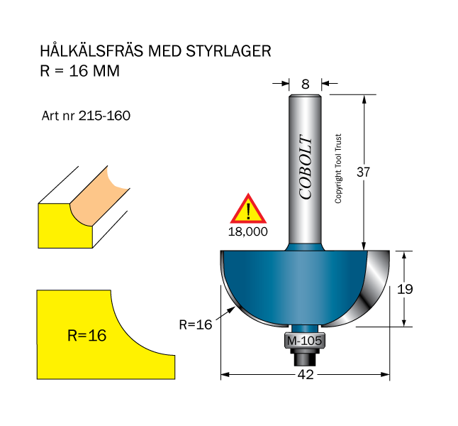 Hålkälsfräs R=16 L=19 D=42 SL=37 S=8 - 2