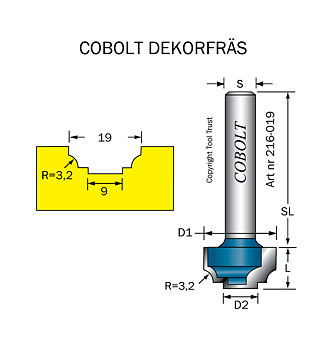 Dekorfräs D1=19, D2=9, R=3,2
