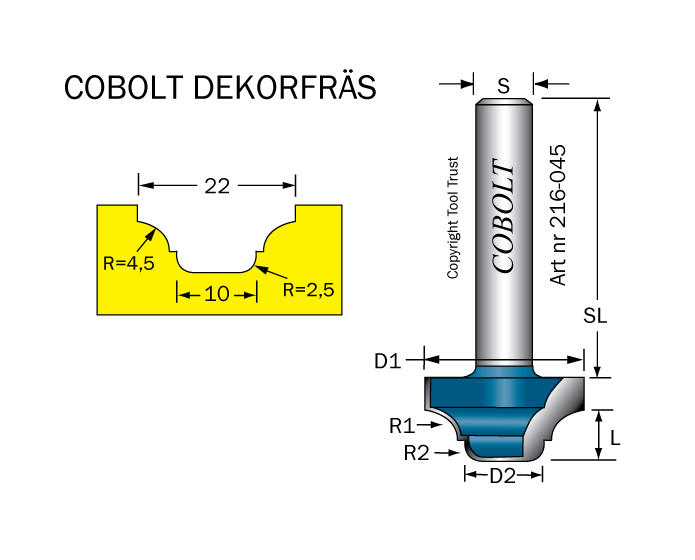 Dekorfräs D=22, R=4,5 / R=2,5