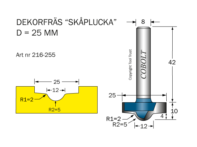 Dekorfräs D=25 R1=2 R2=5 L=10 S=8
