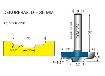 Dekorfräs D1=35 D2=12 R=3.2 L=9.5 S=8