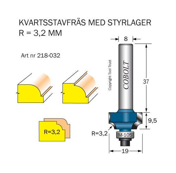 Kvartsstavfräs R=3.2 D=19 L=9.5 S=8 - 2