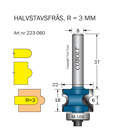 Halvstavfräs R=3 L1=6 L2=16 D=22 S=8 - 2