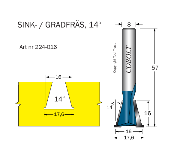 Sinkfräs 14° D=16/17.6 L=16 TL=57 S=8 - 2