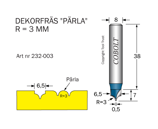 Dekorfräs Pärla R=3 D=6.5 S=8 - 2