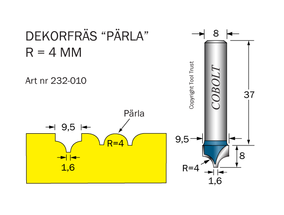 Dekorfräs Pärla R=4 D=9.5 S=8 - 2