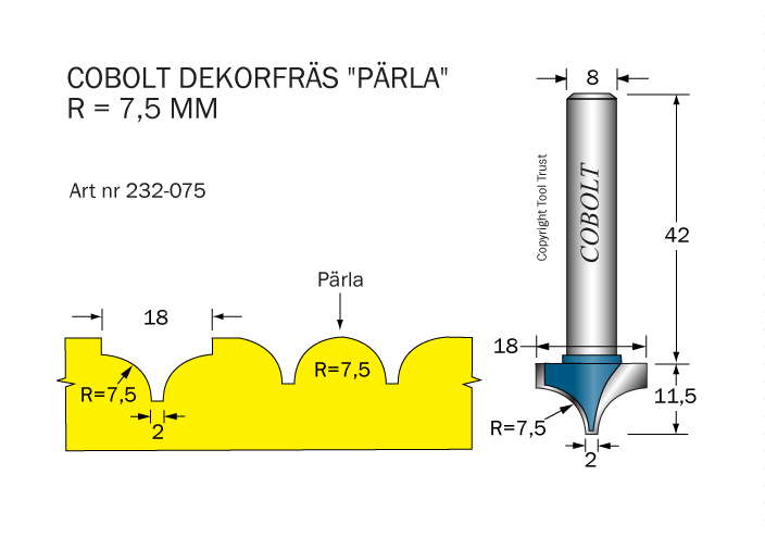 Dekorfräs Pärla D=18 R=7.5 S=8 - 2