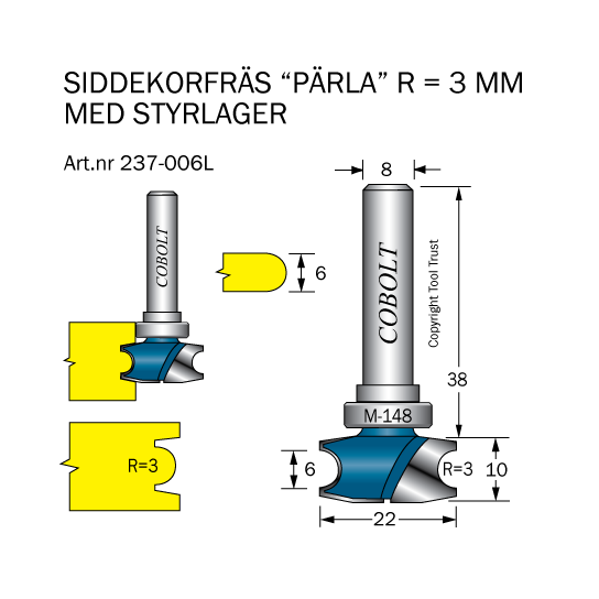 Dekorfräs med styrlager R=3, L=10, D=22