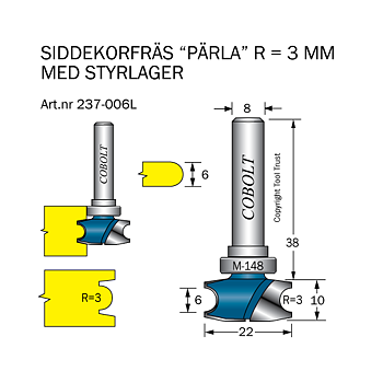 Dekorfräs med styrlager R=3, L=10, D=22