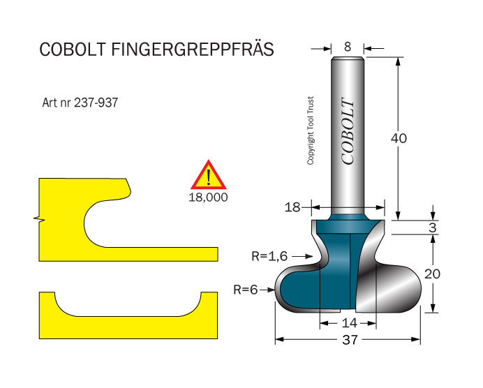Fingergreppsfräs R=6/1.6 D=37 L=23 S=8