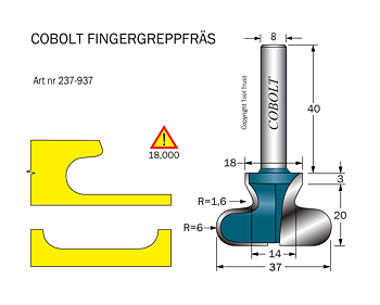 Fingergreppsfräs R=6/1.6 D=37 L=23 S=8